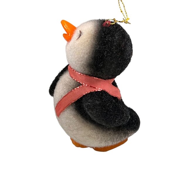 Vtg Flocked Fuzzy Penguin Ornament Scarf 3.5 in Orange Plastic Feet Beak - Picture 4 of 7